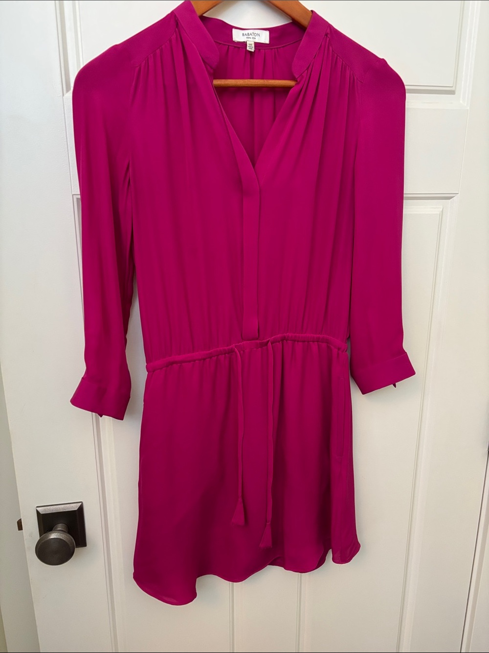 Aritzia Fuchsia Pink Silk Long Sleeve V-Neck Blouse Dress